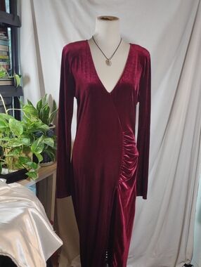 Women's Long Faux Velvet Ruched Wrap Dress - Burgundy - Sz. 2X